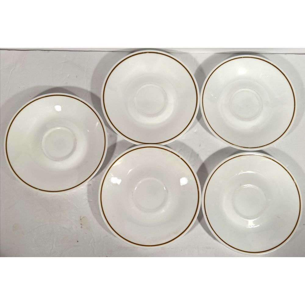 VTG CORELLE WHITE Saucers W/ LIGHT Brown STRIPE 6 1/8" SET OF 5 MCM